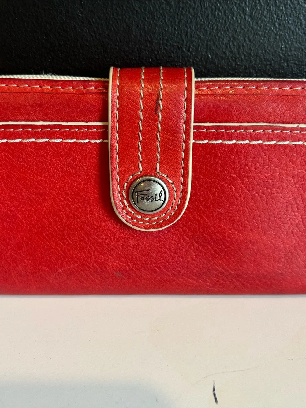 Fossil Red Genuine Leather Organizer Wallet Retro Y2K Zip Pocket